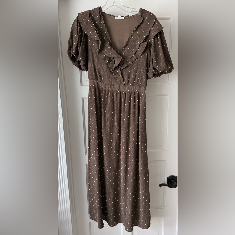 By the river Brown Polka Dot Prairie Midi Dress Women’s Small Puff Sleeve